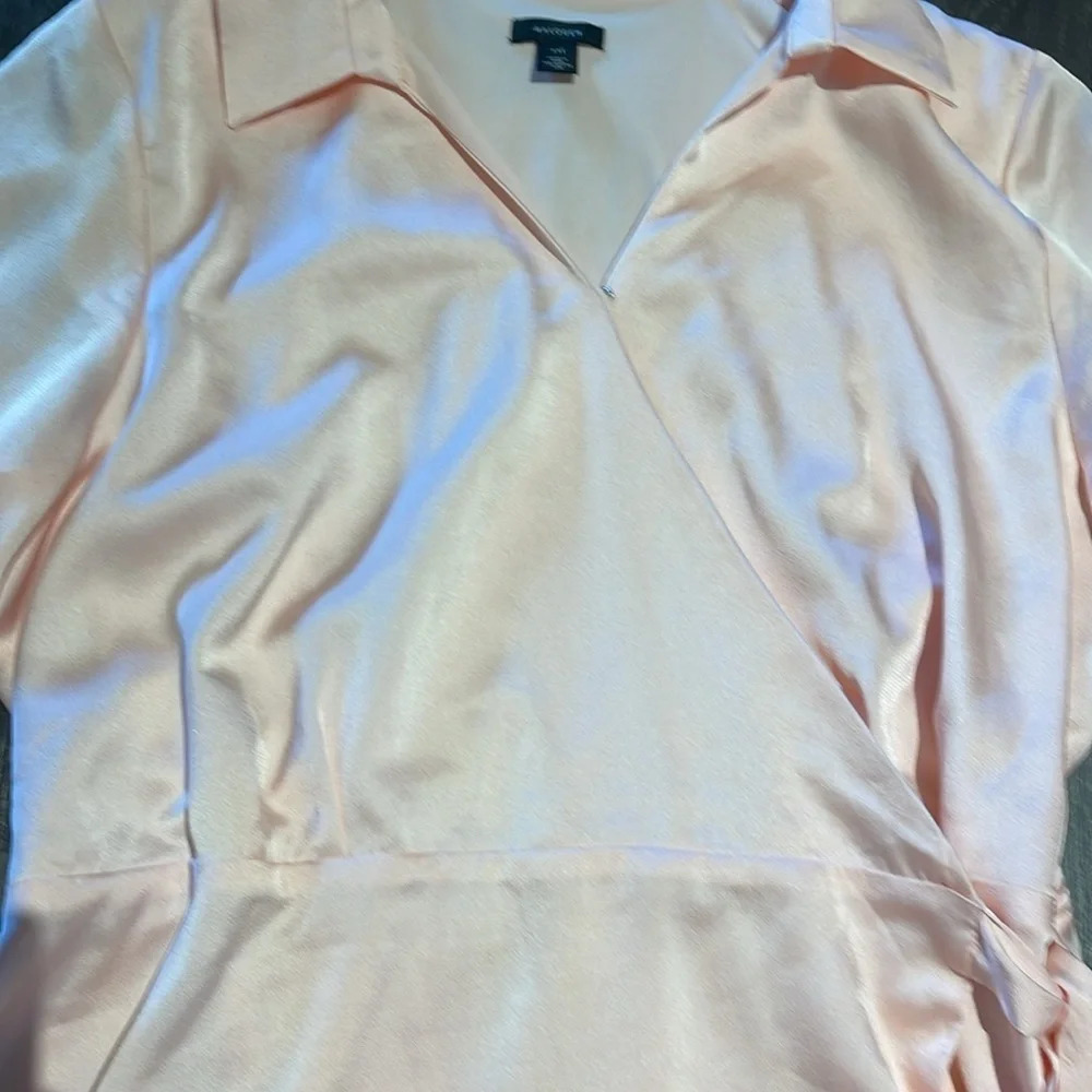 Halogen Light Pink Satin Faux Wrap Long Sleeve Shirt Dress - Picture 8 of 14